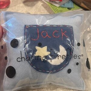 Chasing Fireflies Light Blue Pillow with Navy Pocket and White Moon
